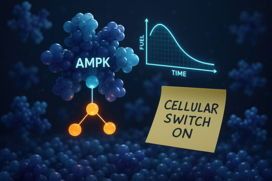 Molecular scene showing AMPK activation, glowing fuel switch pathway concept. cellular switch on note highlights innovative metabolic regulation and energy sensing