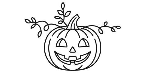 Outline drawing of a cheerful jack-o'-lantern with whimsical vines and leaves, perfect for halloween designs, coloring pages, or festive decor. Vector, illustration