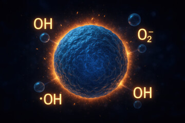 Medical illustration showing blue cell under oxidative stress from reactive oxygen species. glowing biochemical energy concept with OH and O2 radicals in macro cellular environment