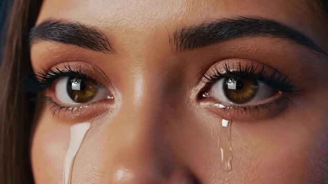 Close-up on a distressed woman's eye with a single tear streaming down her cheek, clearly depicting deep sorrow, grief, pain, and loss