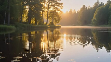 Sunset over a calm forest lake