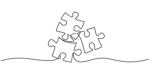 Continuous line art drawing of three interconnected puzzle pieces symbolizing teamwork, solution, connection, strategy, and problem solving. Vector, illustration