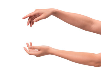 Close-up of beautiful empty hand gesture isolated on a transparent PNG.
