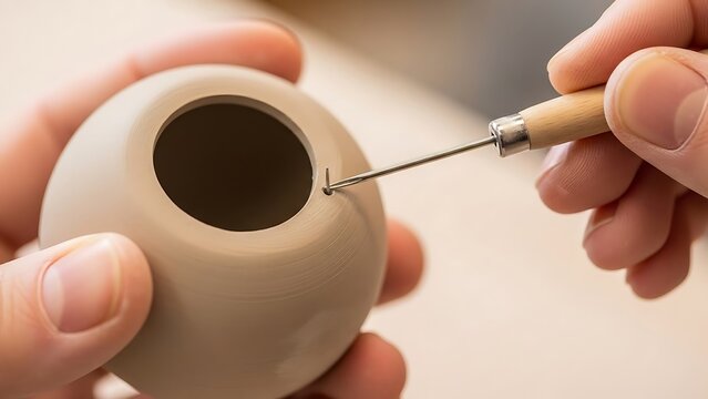 Hand meticulously crafting ceramic art piece with precision tool work