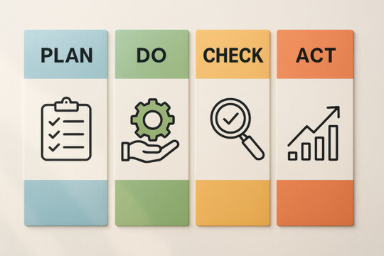 PDCA plan, do, check, act cycle for quality management process improvement. An organized and educational infographic showing successful business strategy for development