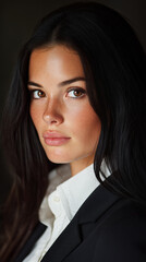 Woman with long dark hair looks at the camera. She wears a black jacket and white shirt.