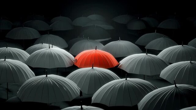 Glowing red light umbrella stand out from the crowd of many white umbrellas