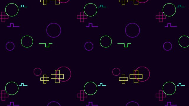 Vibrant cyber style geometric patterns with glowing lines moving in an animated synthwave loop