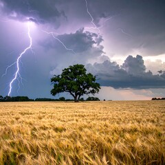 Lightning strikes over golden field with a lone tree