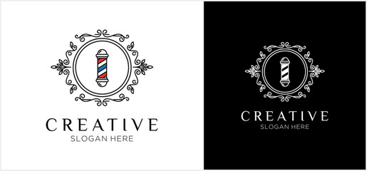 Two variations of a classic barbershop logo featuring a barber pole inside an ornate, vintage circular frame, presented on white and black backgrounds.
