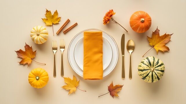 Autumn Table Setting With Pumpkins and Leaves