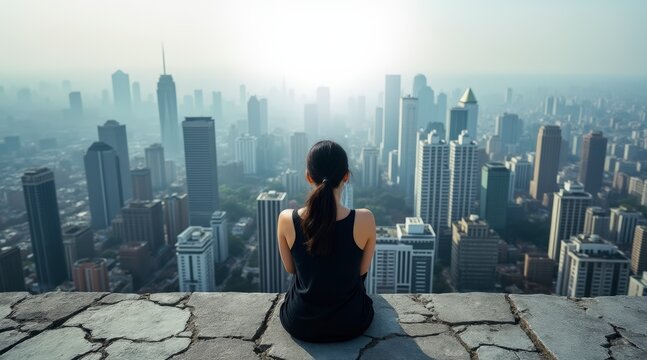 Woman gazing at a vast cityscape from a rooftop - Powered by Adobe