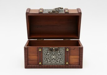 Ornate wooden treasure chest open displayed showing detailed interior and decorative metalwork