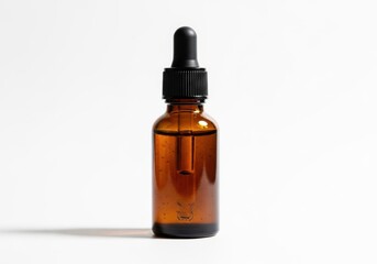 Amber glass dropper bottle filled with brown liquid isolated product photography