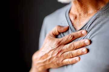 Elderly man clutches chest in pain showing signs of cardiac distress with hand over heart