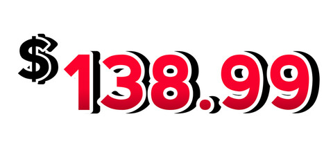 Red price tag 138.99 dollars sign symbol on transparent background. Perfect for advertising, sale banners, product promotion, discount labels, and e-commerce graphics design elements.