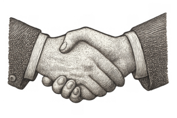 Business partners shaking hands in a vintage engraving style, symbolizing agreement, trust, and partnership on a transparent background