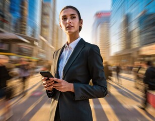 Confident Businesswoman with Smartphone in Bustling City.