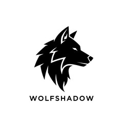 Black wolf head logo design with sharp edges and a strong shadow effect.