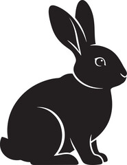 Black rabbit silhouette vector illustration, isolated graphic of a crouching hare with long ears, whiskers, side profile, wildlife animal art.