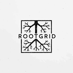Minimalist Rootgrid logo with symmetrical tree roots and branches.