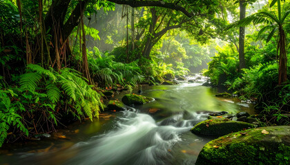 Obraz premium Freshwater stream flowing through tropical forest, vibrant green tones