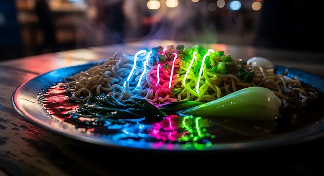 Steaming ramen creation with vibrant neon lights at night showcase