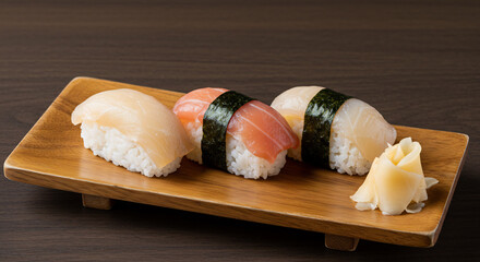 Perfectly illuminated fresh nigiri sushi artfully arranged on a wooden platter alongside zesty ginger ready to savor. AI Generated