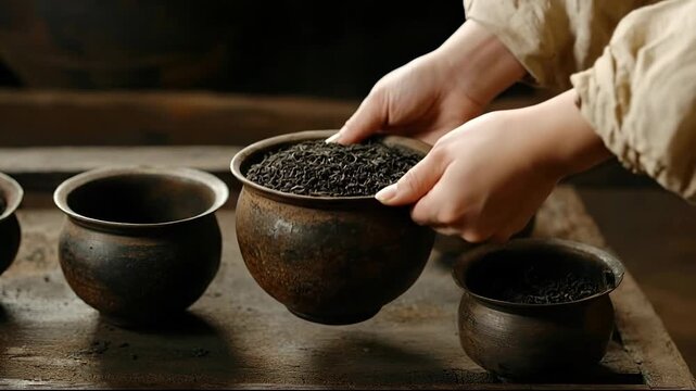 Hands holding a pot of black tea leaves. Several pots of tea leaves on a wooden table.