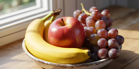 Healthy fruit bowl still life with apple, bananas and red grapes.