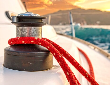 A close-up view of a sailboat's winch with a vibrant red rope coiled around it, set against the ocean and sunset