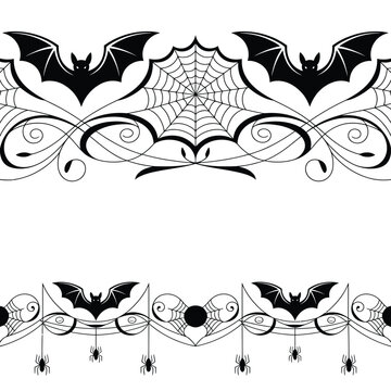 Halloween decorative border with bats spiders and spiderwebs