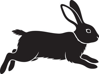 A graphic illustration of a black and white rabbit lying down, featuring distinctive white facial markings and a stylized collar detail.