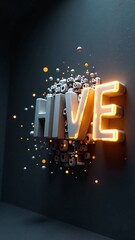 Abstract 3D Typography of the word 'HIVE' with a glowing orange outline, surrounded by floating geometric shapes and spheres, creating a sense of motion and depth
