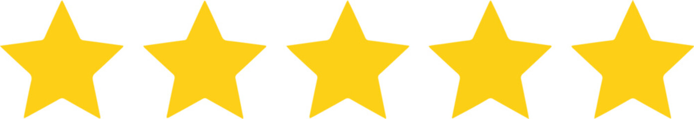 Five solid yellow fivepointed stars displayed horizontally against a white background
