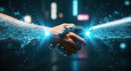 Two hands shaking in a futuristic setting with glowing blue lights and digital elements.