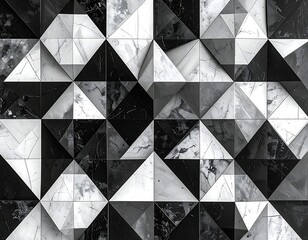 A close-up view presents an abstract geometric tile pattern in monochromatic tones of black, white, and gray. The design features triangular shapes