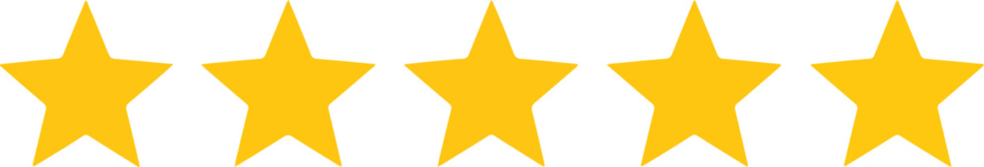 Five solid yellow fivepointed stars horizontally aligned against a white background
