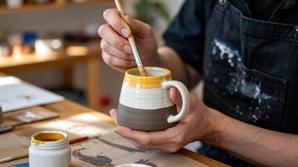 Artist painting a handcrafted ceramic mug in a cozy pottery studio.