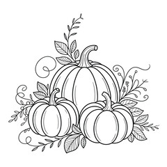 Hand drawn outline illustration of three pumpkins with autumn leaves