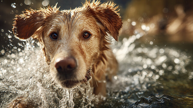 Wet dog splashing water with energetic expression in natural outdoor setting during warm sunlight, capturing lively moment of playful retriever enjoying water activity