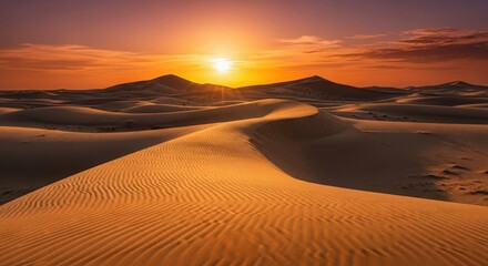 Golden desert dunes under a fiery sunset sky