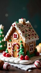 A beautifully crafted gingerbread house, adorned with intricate details and festive decorations, celebrating the holiday season with sweet delight