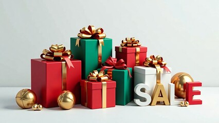 An eye-catching holiday sale banner featuring a stack of decorative Christmas gift boxes in red and green, golden ornaments, and bold SALE text with ample copy space for promotions