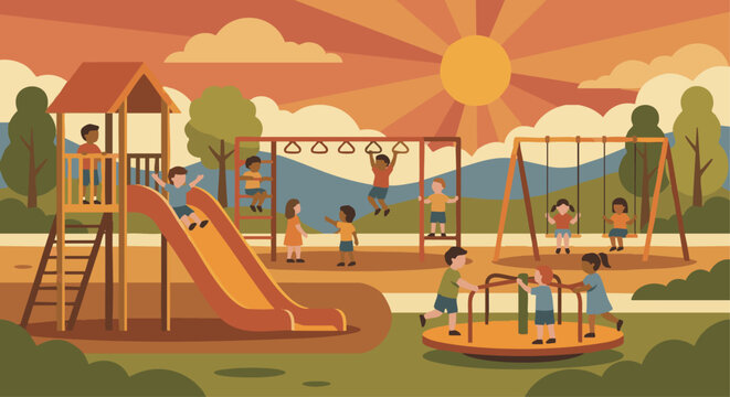&ldquo;Recess scene with children playing on playground equipment, flat shapes, warm outdoor colors.&rdquo;