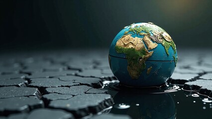 A fragile planet Earth globe rests on desolate, cracked ground, a stark and vivid visual metaphor for the global climate crisis, drought, and the urgent need for water conservation and sustainability