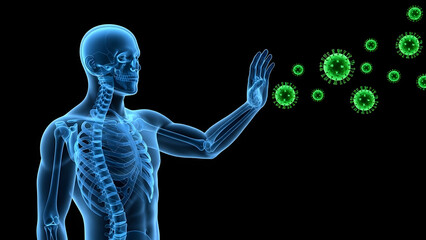 X-ray style human body defending against green glowing viruses, illustrating the immune system's fight against pathogens.