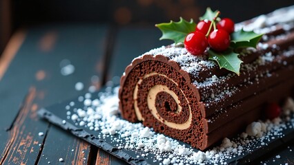 Gourmet Yule Log Cake Recipe A Delicious Flat Lay of a Chocolate Delight, Perfect for Christmas Celebrations, with Copy Space
