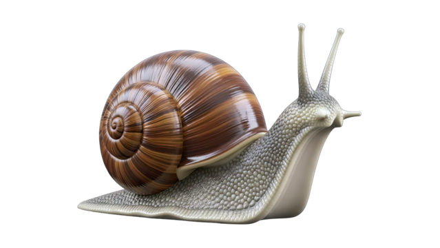 Detailed Close Up Of A Garden Snail Moving Slowly On A Transparent Background Macro Photography Of A Gastropod Mollusk With Intricate Shell Texture And Antennae Extended
