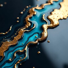 Artistic Abstract Liquid Gold and Teal Blue Paint Flowing on Dark Surface. Luxurious fluid textures and creative background designs with glossy effects, perfect for modern digital art projects